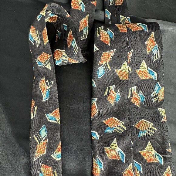 Vintage Damon Mens Black Necktie Blue and Orange Geometric Silk Made In Italy - Picture 15 of 16